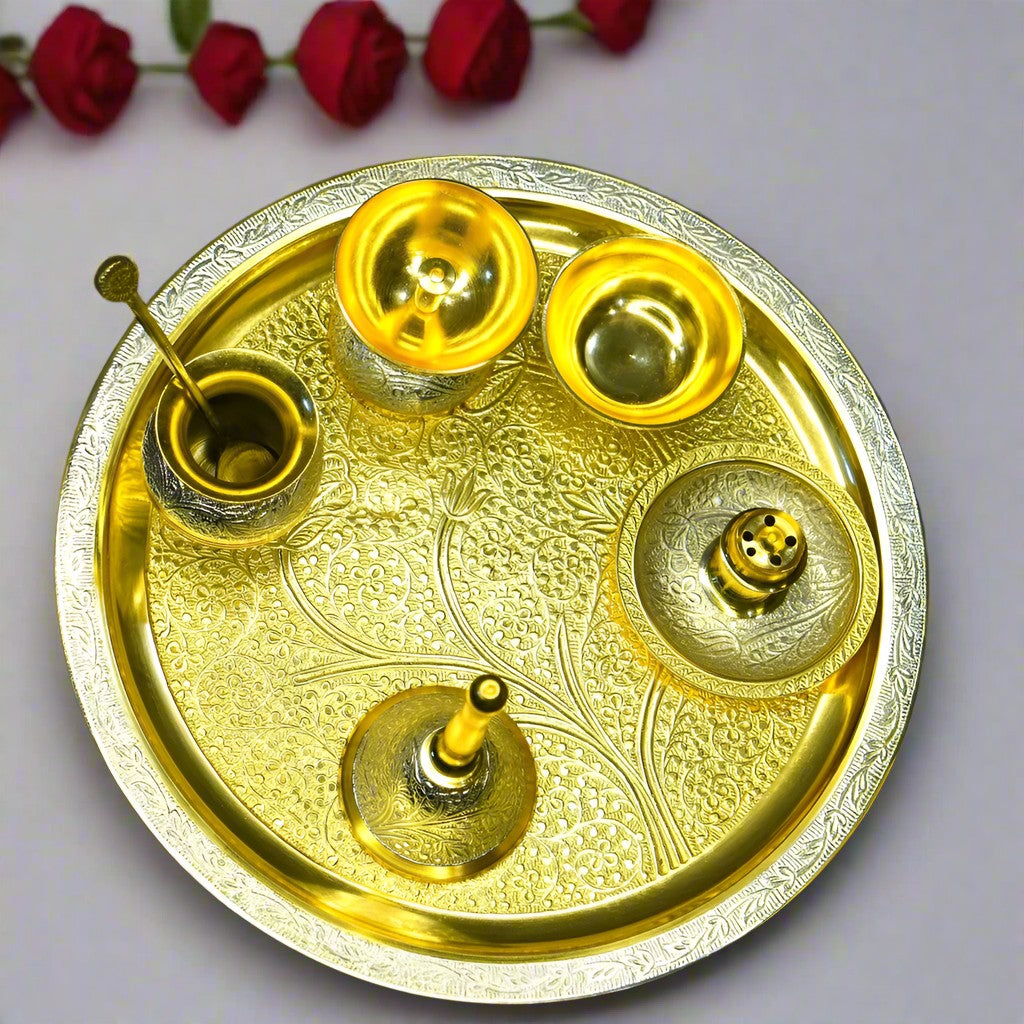 brass dual tone set of 7 pieces pooja thali set for housewarming/ diwali/gift item